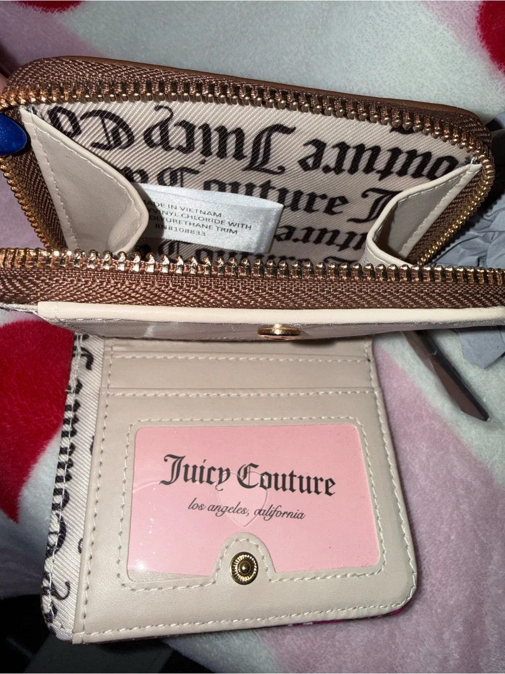 NWT Juicy Couture Pink/Chestnut Cherry Print Zip Wallet